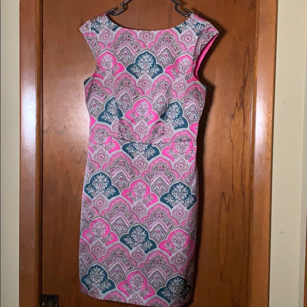 Green and Pink patterned sheath satin dress